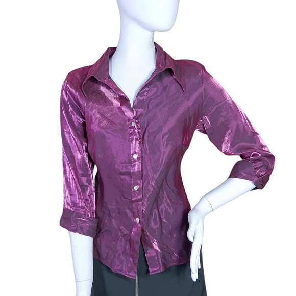Vintage Charlotte Russe Button Down Shirt Size Large Purple Shiny 3/4 sleeve - Picture 3 of 8